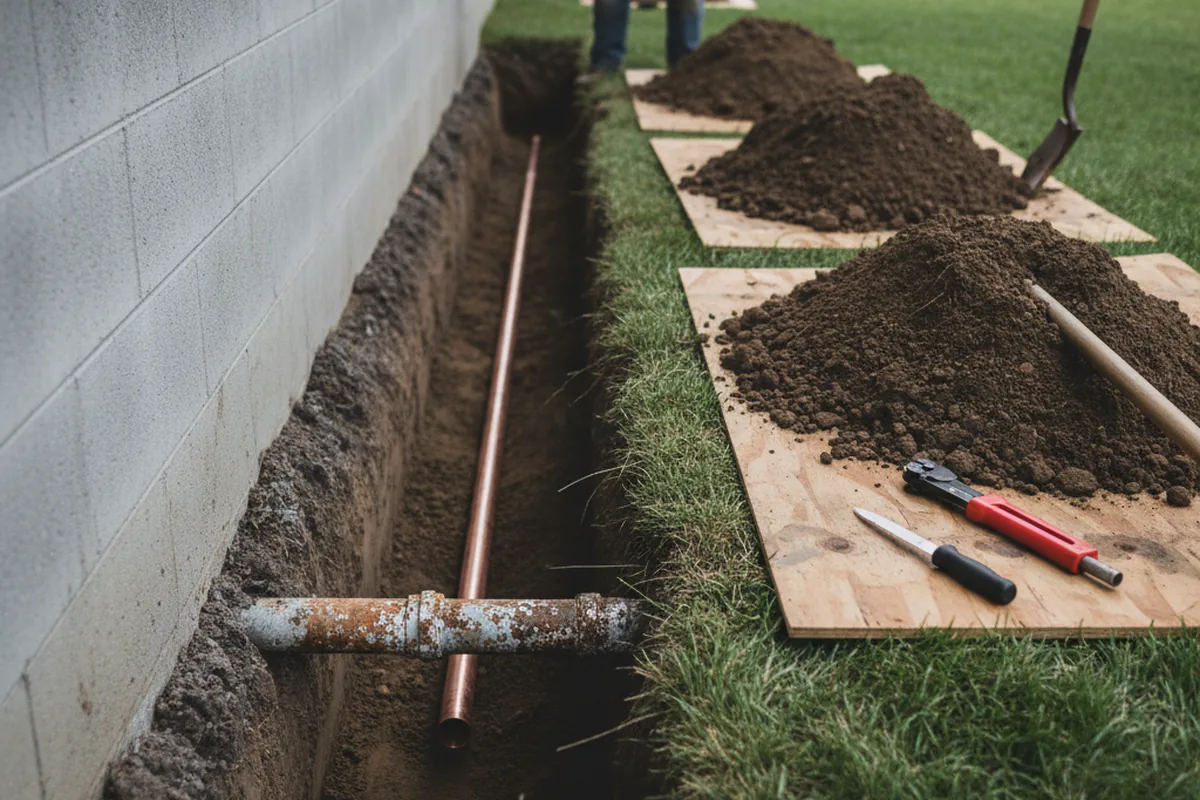 Excavated water line trench during Sewer Line Repair in Patrick Air Force Base